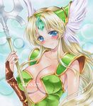  artist_name at_classics blonde_hair blue_eyes blush breasts bridal_gauntlets cleavage closed_mouth covered_nipples forehead_jewel holding holding_weapon large_breasts long_hair looking_at_viewer riesz sample seiken_densetsu seiken_densetsu_3 sidelocks smile solo traditional_media upper_body watermark weapon 