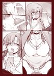  1girl bangs bar_censor blush bottomless breasts censored choker comic commentary_request eyebrows_visible_through_hair fellatio greyscale hetero kiss large_breasts large_penis monochrome null_(nyanpyoun) ooba_minori open_mouth oral original penis penis_awe pussy_juice pussy_juice_trail saliva sweat thighhighs tongue 