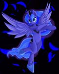  2013 anthro black_background blue_eyes blue_feathers blue_fur blue_hair crown cutie_mark equine feathered_wings feathers female friendship_is_magic fur hair hi_res horn long_hair looking_at_viewer mammal my_little_pony navel princess_luna_(mlp) simple_background smile solo teal_eyes winged_unicorn wings zokkili 
