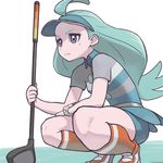  ahoge blue_eyes blue_hair elite_four highres kahili_(pokemon) long_hair mole mole_under_eye orange_legwear pokemon pokemon_(game) pokemon_sm reiesu_(reis) shirt short_sleeves solo squatting striped striped_shirt visor_cap z-ring 