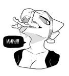  2017 aliasing ambiguous_gender anthro biped black_and_white breasts bust_portrait cleavage clothed clothing digital_drawing_(artwork) digital_media_(artwork) drooling duo english_text female fish front_view half-closed_eyes halftone headband marine megalodon micro monochrome neck_bulge non-mammal_breasts oral_vore pashoo portrait saliva shark sharp_teeth shirt simple_background size_difference soft_vore sound_effects speech_bubble spikes swallowing tailfin teeth text tongue tongue_out vore white_background 