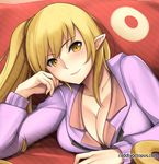  blonde_hair blush breasts cleavage jacket kiss-shot_acerola-orion_heart-under-blade large_breasts long_hair looking_at_viewer lying monogatari_(series) on_side oshino_shinobu pointy_ears side_ponytail slit_pupils smile solo tony_guisado watermark web_address yellow_eyes 