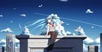  bangs bird black_legwear black_skirt blouse blue_eyes blue_hair blue_sky city cloud condensation_trail dove floating_hair foot_dangle hair_ribbon hatsune_miku highres legs_together long_hair looking_away looking_back looking_up n2_(yf33) neck_ribbon on_roof open_mouth outdoors paper_airplane pleated_skirt ribbon rooftop scenery school_uniform serafuku shadow shoes short_sleeves skirt sky solo sunlight thighhighs twintails very_long_hair vocaloid white_blouse wide_shot 
