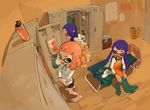 ^_^ barefoot blue_hair blurry bottle closed_eyes commentary_request depth_of_field domino_mask feet from_above full_body green_eyes hat highres indoors inkling locker locker_room long_sleeves mask multiple_girls open_mouth orange_hair overalls pointy_ears purple_eyes salmon_run shiohi shirt sitting smile splatoon_(series) splatoon_2 standing trash_can undressing 