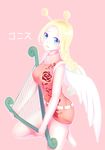  absurdres barefoot blonde_hair blue_eyes braid character_name conis feathered_wings harp highres instrument long_hair one_piece open_mouth pink_background simple_background solo twin_braids wings zhandouli_zhaganga 