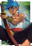  1boy blue_eyes blue_hair breath_of_fire breath_of_fire_iv long_hair looking_at_viewer male_focus ryuu_(breath_of_fire_iv) sitting solo sword weapon yaowu 