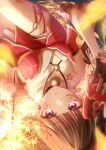  1girl bell black_choker black_gloves breasts brown_hair chest_tattoo choker cleavage commentary criss-cross_halter detached_sleeves dress fingernails fireworks flower_tattoo fox_mask from_above gloves halterneck highres holding holding_fireworks holding_mask honkai:_star_rail honkai_(series) jingle_bell looking_at_viewer looking_up mask medium_breasts nail_polish neck_bell o-ring red_dress red_eyes red_nails single_glove sleeveless sleeveless_dress solo sparkle_(honkai:_star_rail) sparkler tattoo twitter_username watatai 