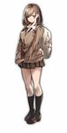  backpack bad_id bad_pixiv_id bag bangs black_legwear blue_eyes breasts brown_footwear brown_hair cardigan closed_mouth collared_shirt commentary_request expressionless full_body granblue_fantasy_(style) kneehighs light_smile loafers long_sleeves looking_at_viewer medium_breasts medium_hair miniskirt original own_hands_together pleated_skirt revision school_uniform shirt shoes simple_background skirt sola_(solo0730) solo standing swept_bangs white_background white_shirt 