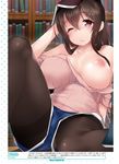  black_legwear book book_on_head breasts brown_hair closed_mouth dengeki_moeou hair_between_eyes highres indoors inverted_nipples large_breasts long_hair nipples no_bra object_on_head off-shoulder_sweater one_breast_out one_eye_closed pantyhose perky_breasts purple_eyes ribbed_sweater short_shorts shorts sidelocks sitting solo sweater tears tera_zip thighband_pantyhose translation_request wince 