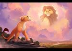  black_bars brown_hair day detailed_background disney duo eyes_closed feline female feral fur grass hair kitchiki lion male mammal outside paws rock smile the_lion_king 