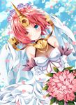  blue_eyes blue_sky bouquet breasts bridal_veil brown_eyes cloud day dress elbow_gloves eyebrows_visible_through_hair fate/apocrypha fate_(series) flower frankenstein's_monster_(fate) gloves hair_flower hair_ornament heterochromia holding holding_bouquet horn looking_at_viewer nogi_takayoshi petals pink_hair rose short_hair sky sleeveless sleeveless_dress small_breasts smile solo veil wedding_dress white_dress white_gloves 
