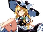  ;) blonde_hair bloomers blush commentary hat kirisame_marisa legs long_hair looking_at_viewer one_eye_closed open_mouth puffy_short_sleeves puffy_sleeves short_sleeves sitting skirt smile solo touhou underwear very_long_hair vest witch_hat yellow_eyes yururi_nano 