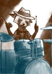  2017 anthro bluedouble bow_tie clothed clothing disney drum drum_set drumsticks eyes_closed fan_character hat holding_object male mammal max_thrash musical_instrument playing_music raccoon solo zootopia 
