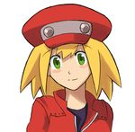 bad_id bad_pixiv_id blonde_hair blush cabbie_hat collared_shirt green_eyes hat jacket ogros red_jacket rockman rockman_dash rockman_dash_3 roll_caskett shirt short_hair simple_background smile solo t-shirt upper_body white_background 