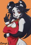  2017 :d anthro bear big_breasts black_fur black_hair black_nose breasts chinese_clothing chinese_dress cleavage cleavage_cutout clothed clothing digital_media_(artwork) dress eyebrows eyelashes eyeshadow female front_view fur hair half-closed_eyes kemono lipstick makeup mammal mayoi89g navel no_underwear open_mouth orange_background panda portrait red_clothing red_dress red_lipstick sagging_breasts short_hair shoulder_tuft signature simple_background solo standing thick_eyebrows turtleneck white_fur 