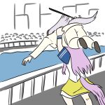  2girls blackuma cane carrying carrying_over_shoulder carrying_person colonel_sanders colonel_sanders_(cosplay) commentary cosplay gold_ship_(umamusume) grey_hair hanshin_tigers highres holding holding_cane horse_girl horse_tail jacket kfc mejiro_mcqueen_(let's_go!_yes!?)_(umamusume) mejiro_mcqueen_(umamusume) multiple_girls nippon_professional_baseball osaka_(city) pants purple_hair tail tail_through_clothes umamusume white_jacket white_pants 