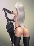  absurdres android anus ass back black_gloves black_hair black_legwear breasts elbow_gloves facing_away from_behind georgy_stacker gloves hair_over_eyes highres huge_weapon long_hair medium_breasts nier_(series) nier_automata nude pussy sideboob silver_hair solo sword thighhighs weapon yorha_type_a_no._2 