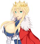  armor artoria_pendragon_(all) artoria_pendragon_(lancer) blonde_hair braid breast_hold breasts cape cleavage crossed_arms crown fate/grand_order fate_(series) fur-trimmed_cape fur_trim green_eyes huge_breasts ksg_(tmfh5838) looking_at_viewer open_mouth white_background 