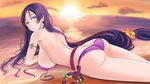  1girl armlet ass beach belt bikini blush breasts choker curvy eyepatch_bikini fate/grand_order fate_(series) female from_behind large_breasts long_hair looking_at_viewer lying minamoto_no_raikou_(fate/grand_order) minamoto_no_raikou_(swimsuit_lancer)_(fate) mnm(supasuchi) ocean on_ground on_stomach outdoors purple_bikini purple_eyes purple_hair purple_swimsuit side-tie_bikini side-tie_panties sideboob solo summer sunset swimsuit very_long_hair 