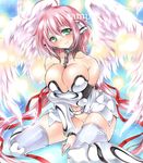  absurdly_long_hair ahoge artist_name at_classics bangs bare_shoulders between_legs blush breast_hold breasts chain cleavage closed_mouth collar eyebrows_visible_through_hair feathered_wings feathers green_eyes groin hair_between_eyes hand_between_legs ikaros large_breasts long_hair looking_at_viewer low_twintails navel no_panties pink_hair sample sitting smile solo sora_no_otoshimono thighhighs traditional_media twintails very_long_hair wariza watermark white_legwear wings 