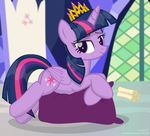  2017 crown crystal cutie_mark equine feathered_wings feathers female feral friendship_is_magic hair hi_res horn inside looking_at_viewer mammal multicolored_hair my_little_pony pillow purple_feathers scroll shutterflyeqd smile solo twilight_sparkle_(mlp) unicorn_horn winged_unicorn wings 