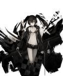  belt black_bikini_top black_footwear black_rock_shooter black_rock_shooter_(character) black_shorts boots chain flat_chest front-tie_bikini front-tie_top grey_eyes greyscale gyup hair_between_eyes head_tilt highres knee_boots long_hair looking_at_viewer midriff monochrome navel ringed_eyes scar short_shorts shorts simple_background solo standing stomach twintails white_background 