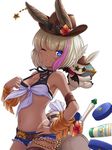  ;p animal_ears belt bikini_tan blue_eyes breasts brown_hat brown_legwear chloe_(granblue_fantasy) closed_mouth commentary demon_wings denim denim_shorts ears_through_headwear erune eyebrows_visible_through_hair front-tie_top granblue_fantasy hand_on_hip hat looking_at_viewer medium_breasts multicolored_hair one_eye_closed pink_hair rusha_(r_style) short_shorts shorts simple_background single_thighhigh smile solo star streaked_hair sunglasses tan tanline thighhighs tongue tongue_out two-tone_hair v-shaped_eyebrows white_background white_bikini_top white_hair wings 
