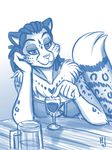  &lt;3 2017 adira_(twokinds) alcohol anthro beer beverage black_hair breasts chest_tuft clothing corset feline female fluffy fluffy_tail hair heresy_(artist) keidran leopard lingerie looking_at_viewer mammal monochrome sketch snow_leopard solo spots stripes tuft twokinds wine 
