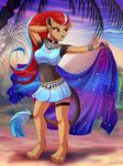  4_toes 5_fingers anthro barefoot breasts clothed clothing day detailed_background digitigrade feline female hair ketty-leopardess lion mammal midriff navel outside red_eyes red_hair smile solo toes 