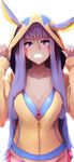  absurdres alternate_costume animal_ears bangs bikini breasts cleavage collarbone commentary_request dark_skin egyptian facial_mark fate/grand_order fate_(series) grin hair_between_eyes hairband highres hood hoodie jackal_ears long_hair long_sleeves looking_at_viewer medium_breasts nitocris_(fate/grand_order) purple_eyes purple_hair sidelocks smile solo sweat swimsuit upper_body very_long_hair wada_kazu 