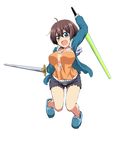  :d ahoge arm_up bad_id bad_pixiv_id beam_saber black_shorts breasts brown_hair cleavage eyebrows_visible_through_hair full_body green_eyes hair_between_eyes holding holding_sword holding_weapon large_breasts new_game! open_mouth orange_shirt shinoda_hajime shiny shiny_skin shirt short_hair short_shorts shorts simple_background smile solo sword take_(shokumu-taiman) weapon white_background 