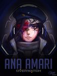  alternate_costume ana_(overwatch) bandage_over_one_eye beret black_hair blood blood_drip blood_on_face brown_eyes captain_amari character_name copyright_name crosshair dark_skin dripping facial_mark facial_tattoo flower flower_eyepatch hat highres jacket long_hair looking_at_viewer overwatch portrait red_flower red_rose reika_(bji654) rose signature solo tattoo twitter_username younger 