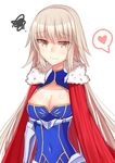  absurdres armor artoria_pendragon_(all) artoria_pendragon_(lancer) blush breasts cape cleavage closed_mouth cosplay fate/grand_order fate_(series) fur-trimmed_cape fur_trim heart highres jeanne_d'arc_(alter)_(fate) jeanne_d'arc_(fate)_(all) white_background white_hair yellow_eyes youzi_(1213490480) 