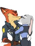  anthro canine clothed clothing disney duo eyes_closed female fox fully_clothed fur hi_res judy_hopps kissing male male/female mammal necktie nick_wilde police police_uniform progressoftomorrow red_fox simple_background uniform zootopia 