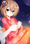  blanc blue_eyes blush brown_hair floral_print hair_ornament hairclip highres japanese_clothes kimono looking_at_viewer neptune_(series) shironeko_haru short_hair solo yukata 