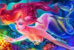  aqua_nails ariel_(disney) beads blue_eyes breasts circlet commentary coral fins hair_beads hair_ornament jewelry large_breasts mermaid monster_girl nail_polish necklace nipples nude parted_lips pearl red_hair seashell shawli shell solo starfish submerged swimming the_little_mermaid underwater 