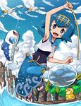  :d araquanid arm_up armpits baggy_pants bare_arms blue_eyes blue_hair blue_sky cloud cloudy_sky covered_navel day dewpider feet fishing_rod full_body gen_1_pokemon gen_3_pokemon gen_7_pokemon hairband one-piece_swimsuit open_mouth outdoors pants pokemoa pokemon pokemon_(creature) pokemon_(game) pokemon_sm psyduck ribbon-trimmed_pants ribbon_trim shirt short_hair sky sleeveless sleeveless_shirt slippers smile suiren_(pokemon) swimsuit swimsuit_under_clothes trial_captain water wingull wishiwashi 