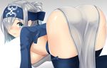  ainu ainu_clothes alternate_hairstyle ass blue_eyes blue_headband breasts cosplay cropped_jacket folded_ponytail hair_between_eyes hamakaze_(kantai_collection) headband kamoi_(kantai_collection) kamoi_(kantai_collection)_(cosplay) kantai_collection large_breasts long_sleeves short_hair silver_hair sin_(kami148) solo 