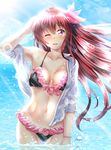  ass_visible_through_thighs bikini black_bikini brown_hair cloud cowboy_shot day frilled_bikini frills front-tie_top hair_ornament highres kantai_collection kisaragi_(kantai_collection) light_rays long_hair looking_at_viewer navel one_eye_closed purple_eyes sky solo sunbeam sunlight swimsuit takamichis211 wading water 