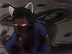  black_fur black_hair canine dark_skin fur hair human hybrid kneeling krishtealpaws mammal pink_eyes wolf 