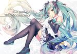  anniversary aqua_hair boots character_name commentary_request detached_sleeves floating_hair from_side green_eyes green_hair hair_ribbon hatsune_miku long_hair nail_polish ribbon shiomizu_(swat) sitting skirt smile solo thigh_boots thighhighs twintails very_long_hair vocaloid 