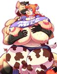  2017 anthro areola big_breasts black_hair bovine breast_grab breasts cattle clothed clothing duo equine female gloves_(marking) grope hair hand_on_breast hi_res horn horse huge_breasts hyper hyper_breasts jaeh lactating male mammal markings milk nipples open_mouth orange_hair simple_background thick_thighs white_background wide_hips 
