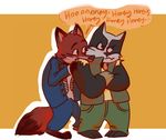  anthro canine clothed clothing collar colored dialogue dipstick_ears dipstick_tail disney duo female fox fur grey_fur honey_(zootopia) honey_badger male mammal multicolored_tail mustelid necktie nick_wilde nicolaswildes_(artist) orange_fur shock_collar speech_bubble suit text zistopia zootopia 