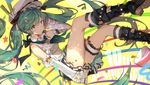  anniversary boots detached_sleeves floating_hair garters green_eyes green_hair hat hatsune_miku highres lf long_hair looking_at_viewer skirt solo spring_onion star twintails very_long_hair vocaloid yellow_background 