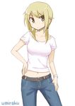  bangs belt blonde_hair blush bracelet breasts casual closed_mouth collarbone commentary cowboy_shot denim dot_nose eyebrows_visible_through_hair hand_on_hip ichii_yui jeans jewelry large_breasts light_brown_eyes long_hair looking_at_viewer midriff navel pants shirt short_sleeves signature simple_background solo standing thumb_in_pocket umiroku white_background white_shirt yuyushiki 