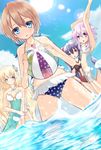  ball bare_shoulders beachball bikini black_hair blanc blonde_hair blue_eyes blue_sky breasts brown_hair cloud day four_goddesses_online:_cyber_dimension_neptune hair_ornament highres long_hair looking_at_viewer medium_breasts multiple_girls navel neptune_(choujigen_game_neptune) neptune_(series) noire ocean one-piece_swimsuit open_mouth outdoors purple_eyes purple_hair red_eyes ribbon ryuu_(pikagomi) short_hair sky small_breasts swimsuit twintails vert water 