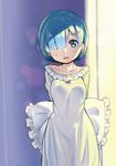  arm_behind_back blue_eyes blue_hair blush collarbone dress eyes_visible_through_hair hair_ornament hair_over_one_eye head_tilt indoors lens_flare open_mouth pillow re:zero_kara_hajimeru_isekai_seikatsu rem_(re:zero) shitou_(1992116210) short_hair solo standing white_dress 