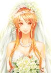  bouquet breasts bridal_veil cleavage collarbone dress earrings elbow_gloves flower gloves holding holding_bouquet jewelry long_hair looking_at_viewer medium_breasts nami_(one_piece) necklace one_piece orange_eyes orange_hair senbei_(roof-lock) sleeveless sleeveless_dress smile solo standing strapless strapless_dress upper_body veil wedding_dress white_background white_dress white_flower white_gloves 