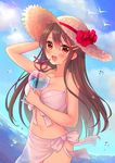  :d alternate_costume bikini bird black_hair blush breasts brown_eyes collarbone cup day drink drinking_glass drinking_straw hair_between_eyes haruna_(kantai_collection) hat holding holding_cup kantai_collection large_breasts long_hair ocean open_mouth sato_ame seagull smile solo swimsuit white_bikini 