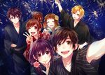  3girls ;d aida_miou album_cover blonde_hair blush brown_hair closed_eyes closed_mouth collarbone cover enomoto_natsuki finger_to_mouth fireworks flower hair_bun hair_flower hair_ornament hayasaka_akari honeyworks japanese_clothes kimono kokuhaku_jikkou_iinkai looking_at_another mochizuki_souta multiple_boys multiple_girls official_art one_eye_closed open_mouth pectorals purple_eyes purple_hair reaching_out self_shot serizawa_haruki setoguchi_yuu short_hair sky smile star_(sky) starry_sky v yamako_(state_of_children) yukata 